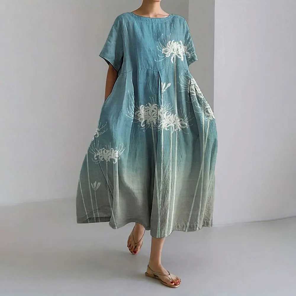 Retro Octopus Digital Print Short Sve Long Dress Summer New Women Casual Ele Dress Women Loose Crew Neck Pocket DressXJ2500207