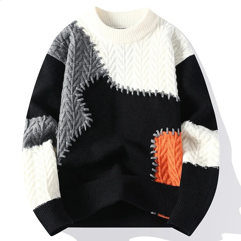 Winter Fashion Sweater Men Patchwork Casual Knit Pullovers Mens Thick Warm Harajuku Loose Knitted Sweaters O-Neck Streetwear Man 250206
