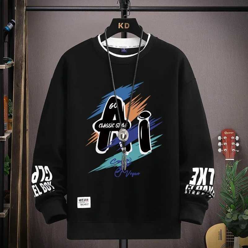 Autumn Mens Sweatshirt Trendy Printed Long Sleeve T-shirt Fashion Mens Clothing Khaki O Neck Harajuku Exclusive Design Top New W250207