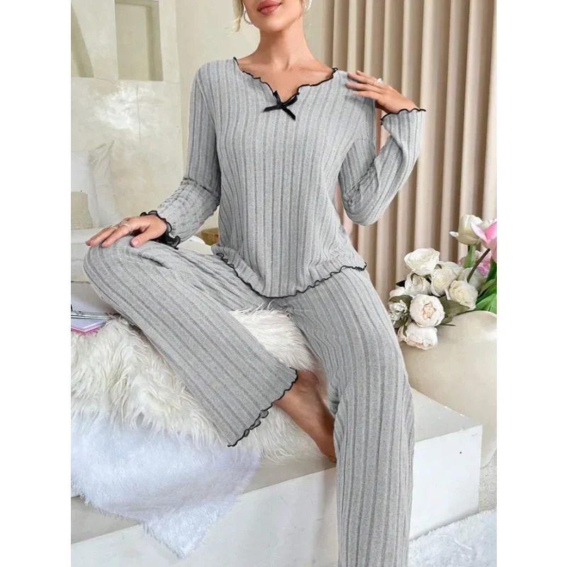 Women Autumn Winter Sleepwear Ribbed Pajamas Set Long Sleeve Top and Long Pants 2 Piece Set Casual Homewear Loungewear 250207