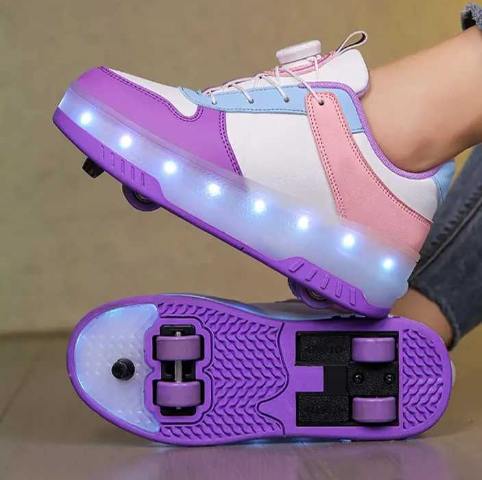 New four-wheel rear-wheel retraction with brake seven-color light walking shoes childrens rotary button roller skates W250207