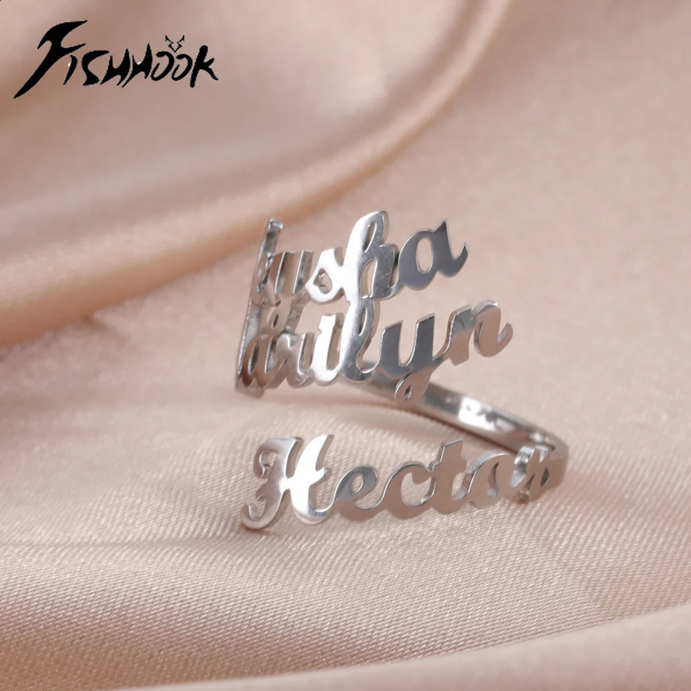 Fishhook Custom 3 Double Name Finger Ring Personalized Family Couple Love Gift For Women Men Gold Color Stainless Steel Jewelry 250206