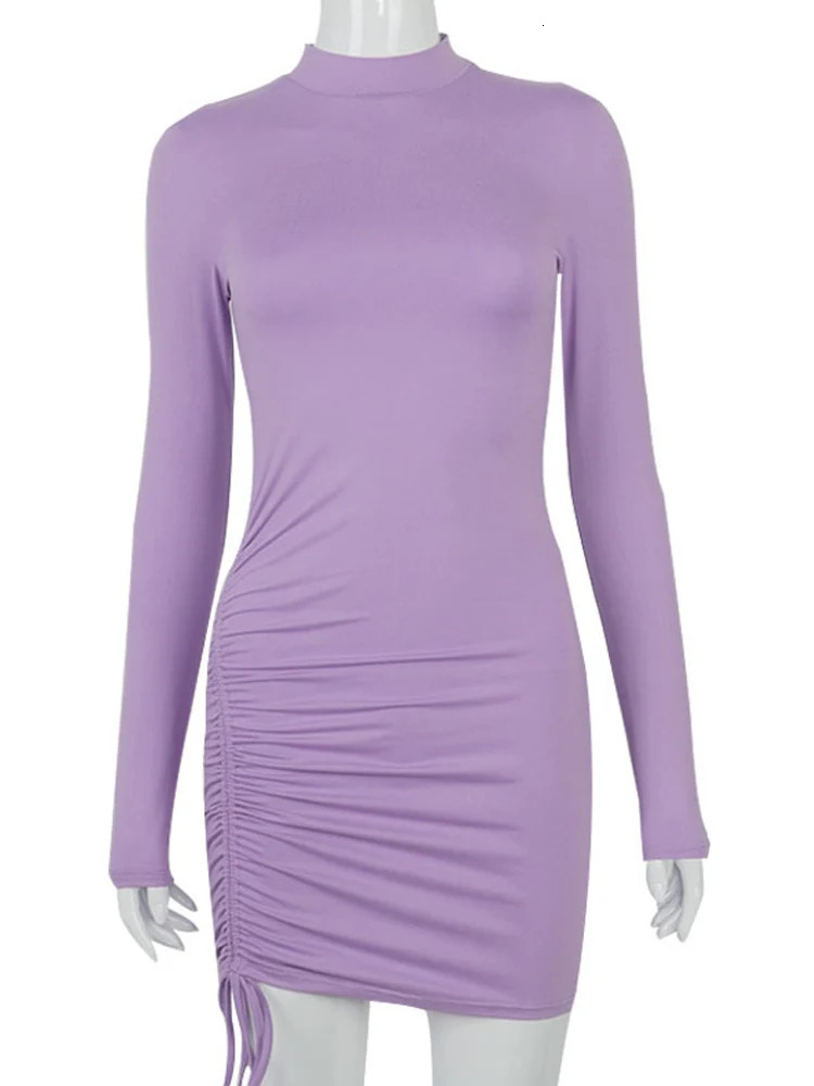 Long Sleeve Ruched Bodycon Dres Turtleneck Bandage Mini Dresses Autumn Black Skinny Stretchy Party 250206