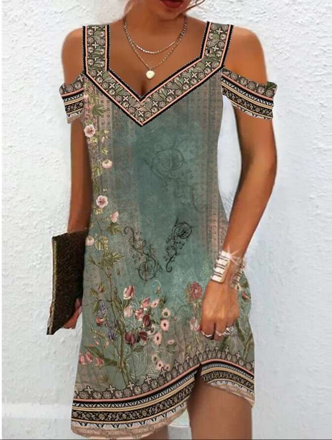 summer hot selg V-neck sexy off shoulder sleeves women's printed slim fit jumpsuit 2024 new casual fashion trend clothing