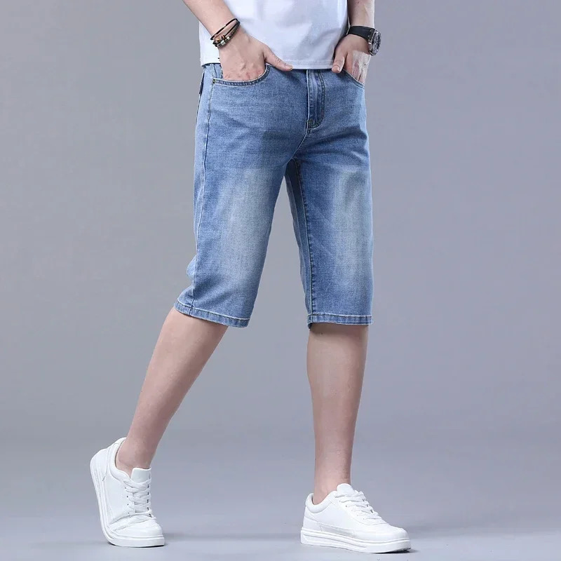 Summer Thin Mens Slim Fit Denim Shorts Cotton Blue Stretch Straight Light Business Casual Short Pants Classic Style Male 250207