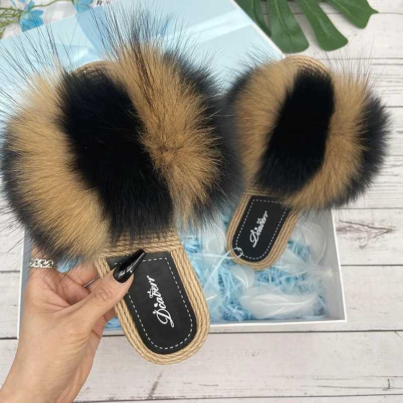 Fur Slippers Woman Flats Faux Str Sandals Real Racco Fox Fur Summer Ladies Light Flip Flops 2024 Fi New Beach SlidesXJ250207