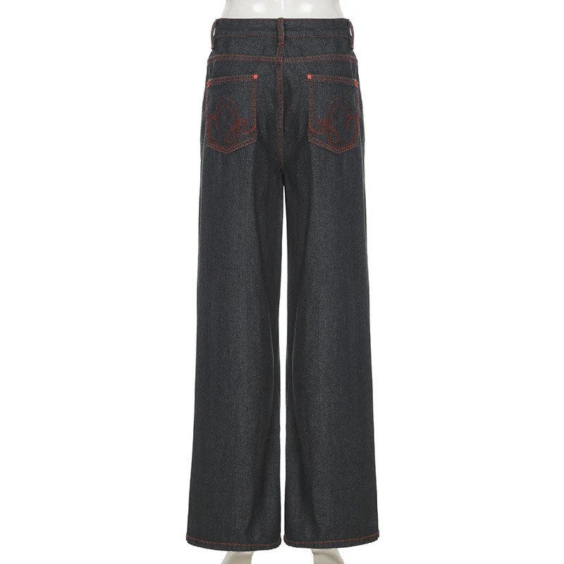 SUCHCUTE Embroidered Denim Wide Leg Pants High Street Low Waist Trousers Y2k Aesthetic 2000s Jeans Streetwear Casual Baggy 2025 250121