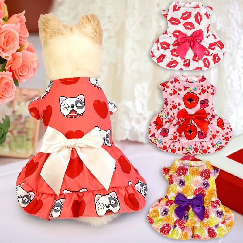 Dog Dress Pet Clothes Spring Summer Princess Dress Lovely Pattern Sleeveless Skirt For Small Dogs Valentines Day Pet Outfits 250206