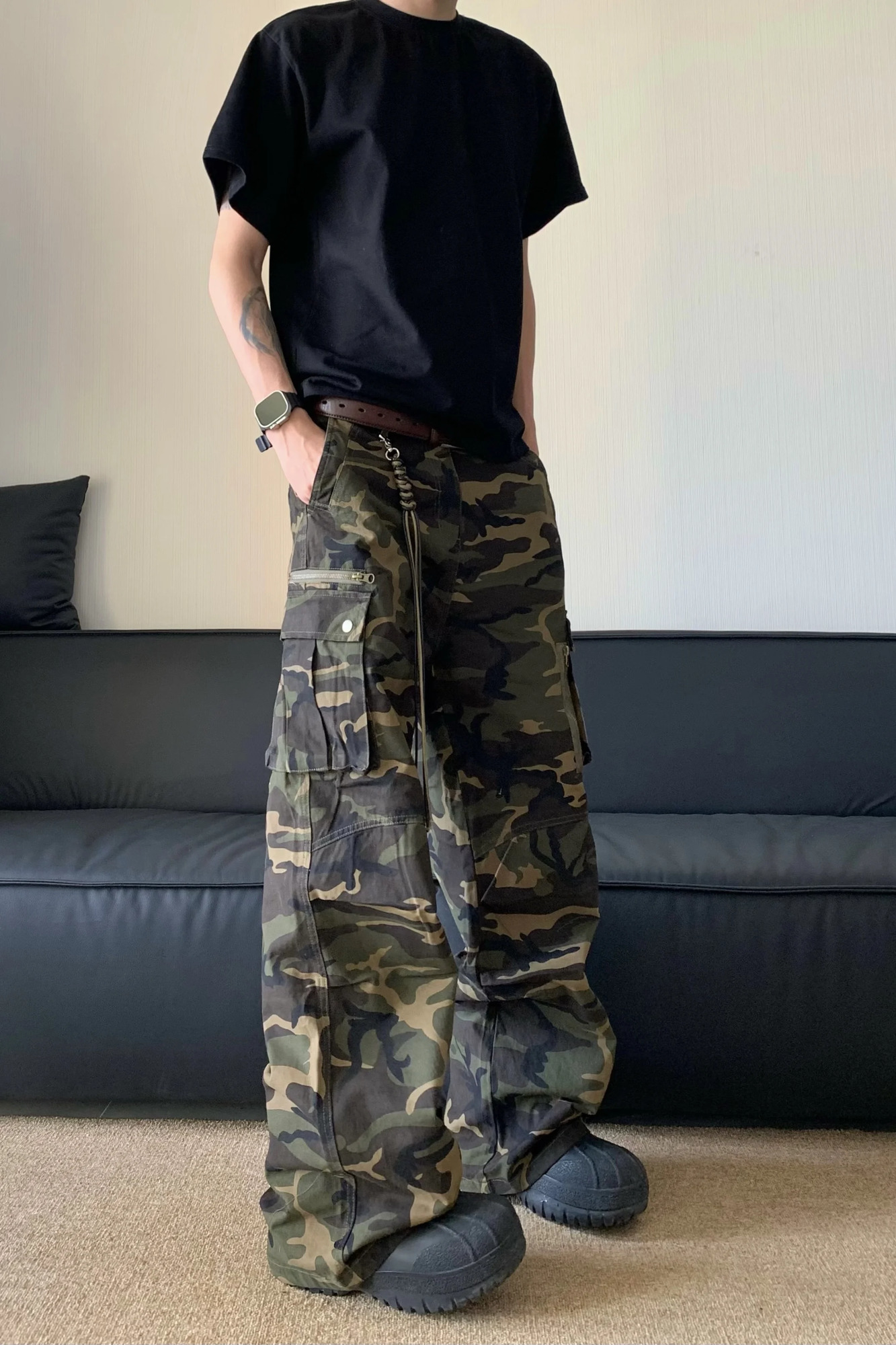 Camouflage Straight Tube Pants High Street Loose Large Pocket Cargo Pants High Waist Trendy Streetwear Male Trousers 250206