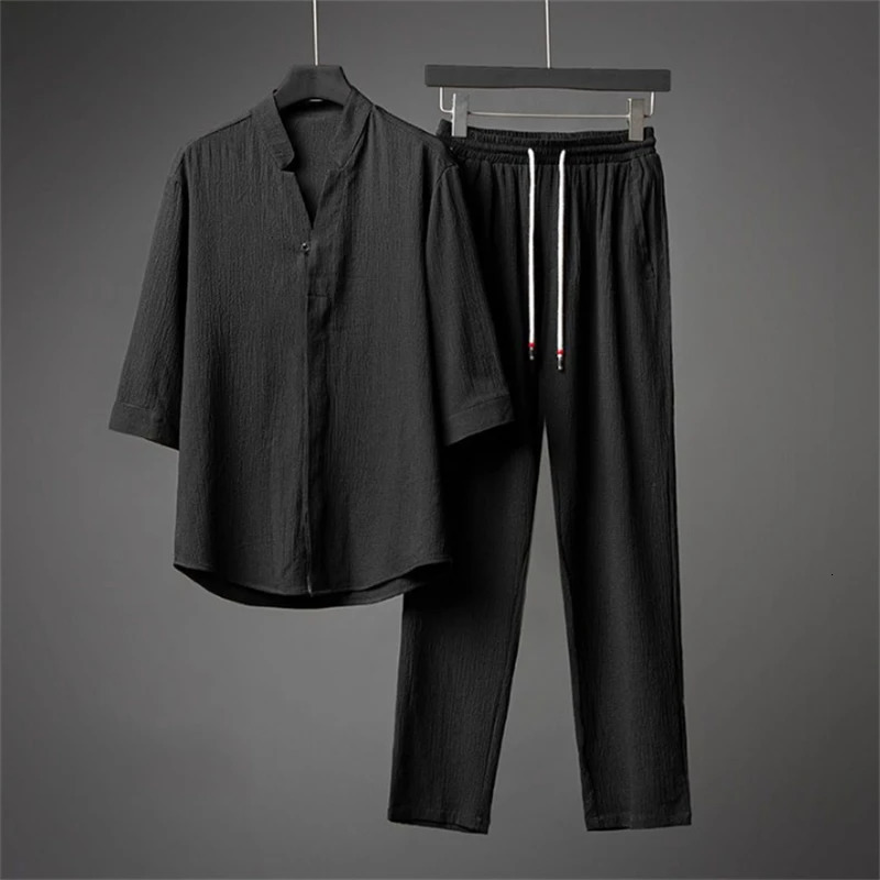 Ice Silk Linen Mens Set Spring Summer 2023 Loose Pullover Tops and Elastic Waist Trousers Sport Suits Men Two Piece Sets 250207