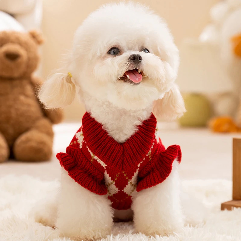 Winter Dog Sweater Fashion Plaid Dog Clothes Warm Soft Puppy Knitted Sweater Cherry Print Cat Pullovers Chihuahua Pet Clothes 250206