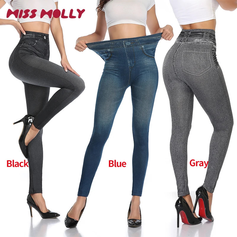 High Waist Faux Denim Print Leggings Women Sexy Skinny Pencil Pants Tummy Control Seamless Shapewear Trousers No Pocket 250206