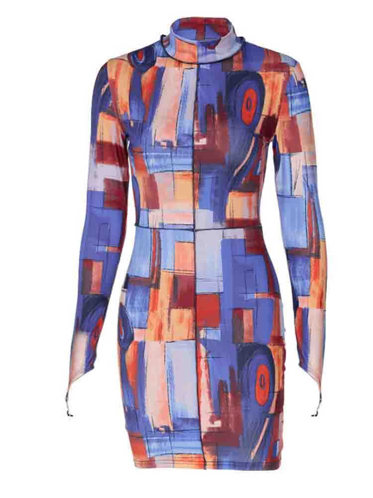 Tie Dye Print Long Sve Mini Dress High Neck Bodycon Sexy Streetwear Party Club Women 2023 Summer Clothes Slim FashionXJ2500207