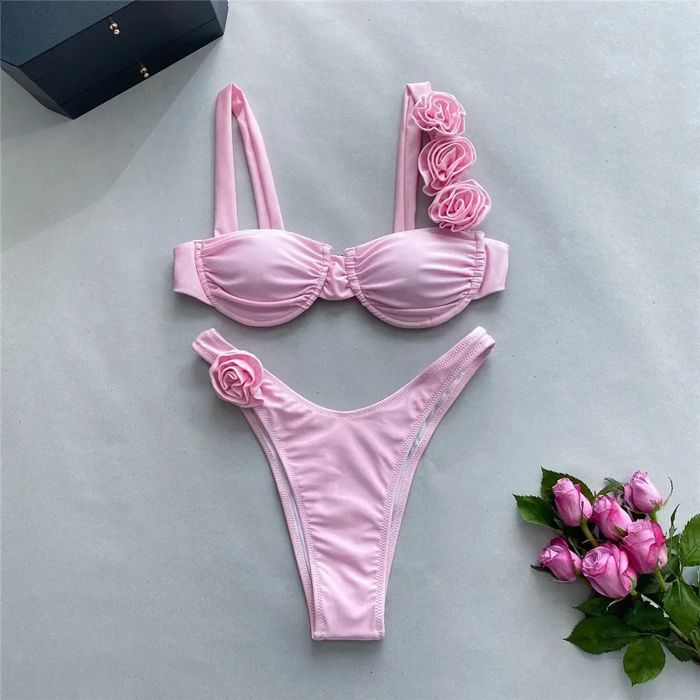 Sexy 3D Flower Shiny Pink Push Up Bikini 2025 Women Swimwear Underwired Swimsuit High Cut Bathing Suit Wrinkled Bikinis Sets 250113