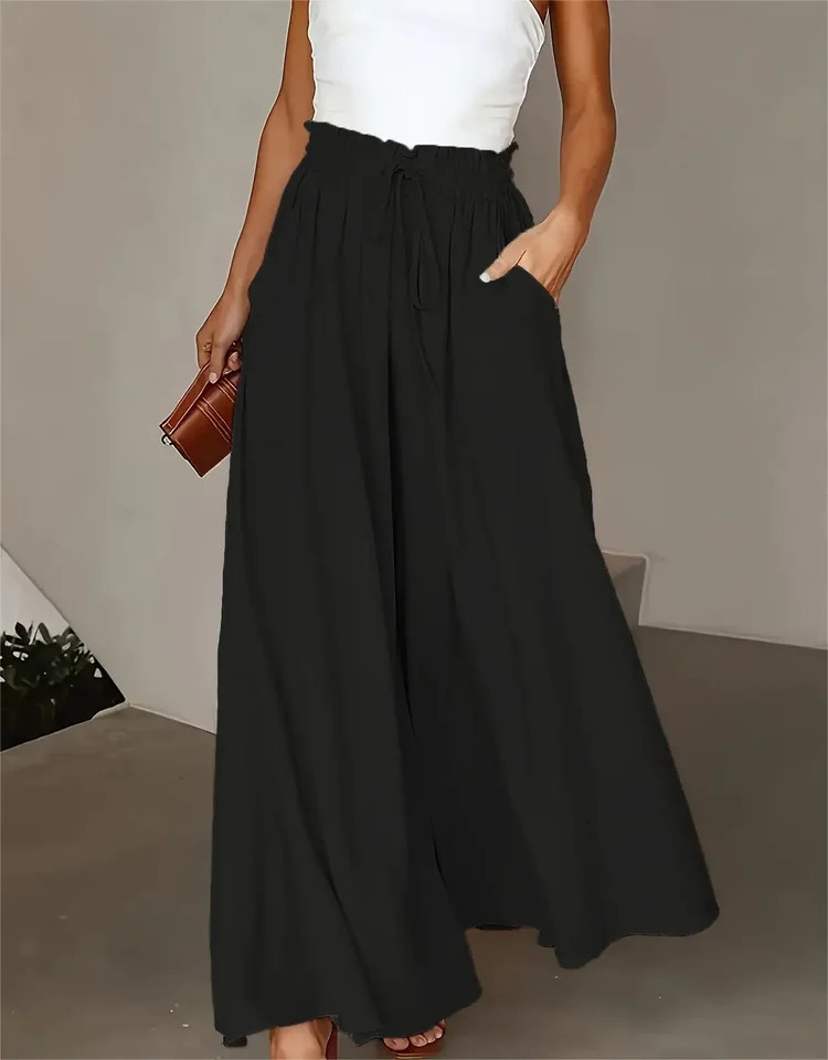 Plus Size Wide Leg Pants Comfortable Slight Stretch FabricElegant Solid Color Po cket DetailsDrawstring Elastic Wai 250207
