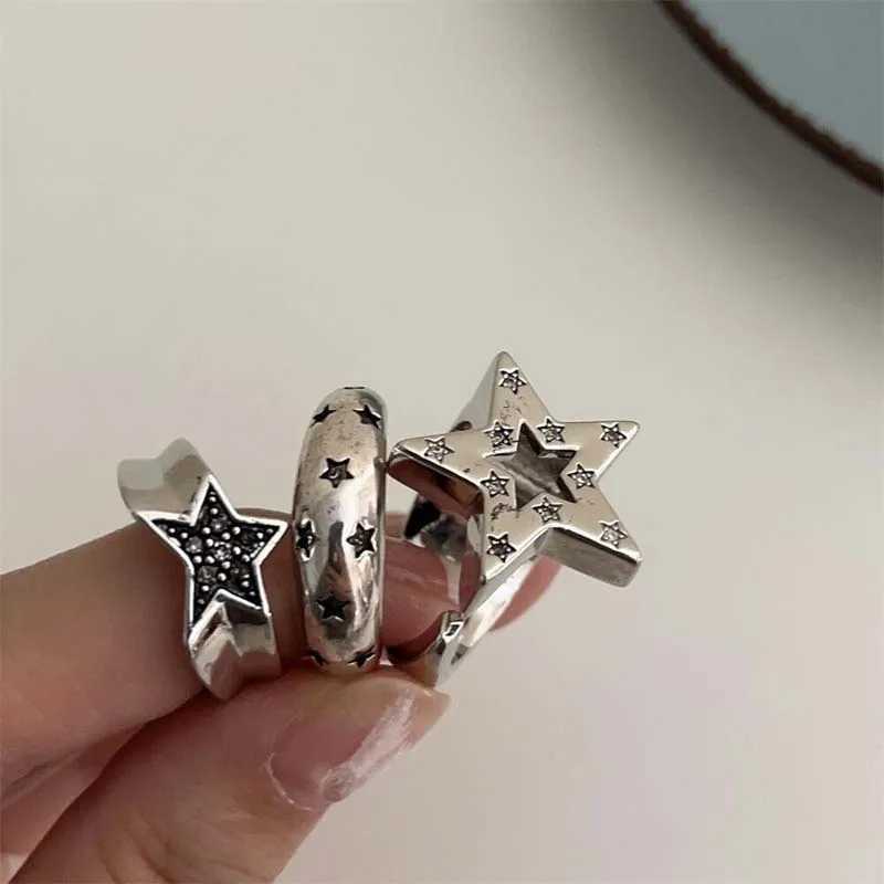 Vintage Punk Hollow Irregular Star Couple Rings for Women Men Fashion Shiny Crystal Pentagram Adjustable Ring Lover Jewelry W250207