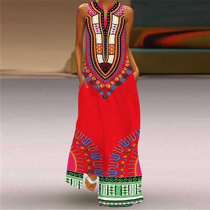 Womens Fashion Retro Printed Sveless Sexy Dress Summer Ele Womens Ethnic Style V-neck Loose Pocket Long Dress VestidosXJ2500207