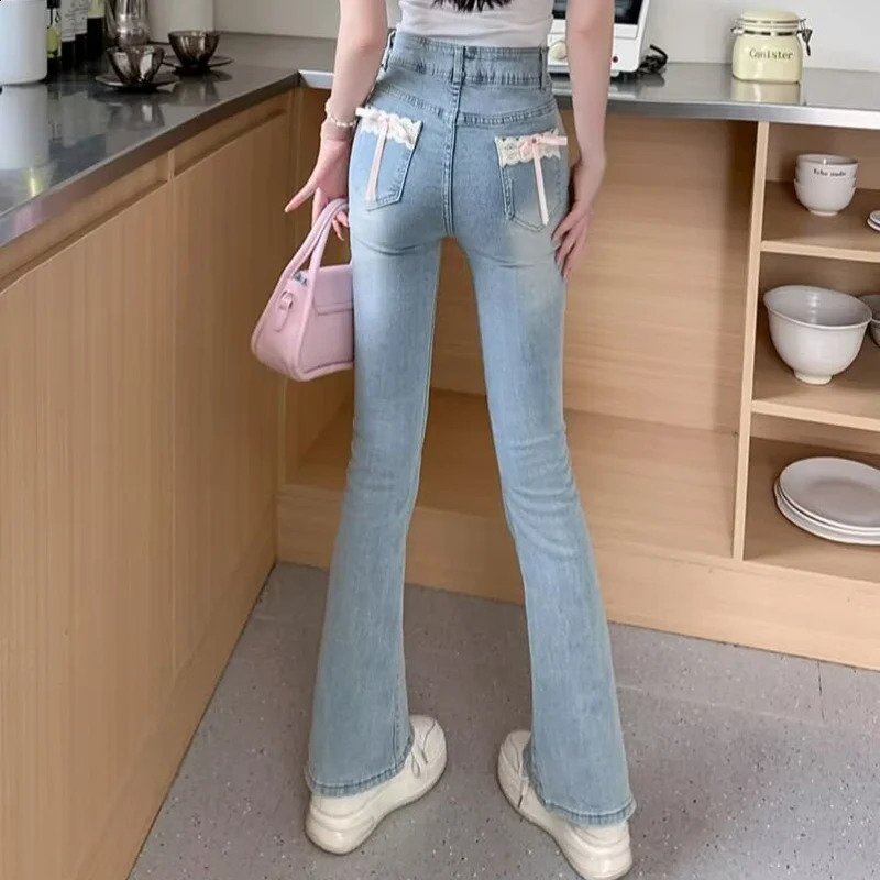 Woman Daily Vintage Blue Flare Jeans Female High Waist Stretch Bell Bottom Pants Girls Kawaii Lace Bow Decoration Denim Trousers 250206