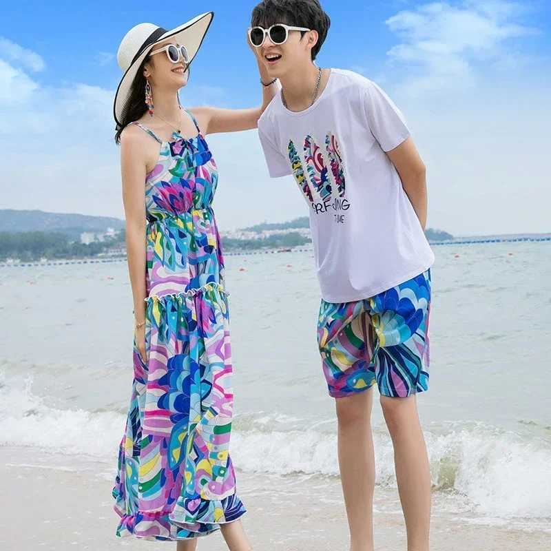 2024 Father Son T-shirt+Shorts Seaside Couple Clothing Family Matching Set Beach Mom Daughter Bohemian Casual Dress Summer W250207