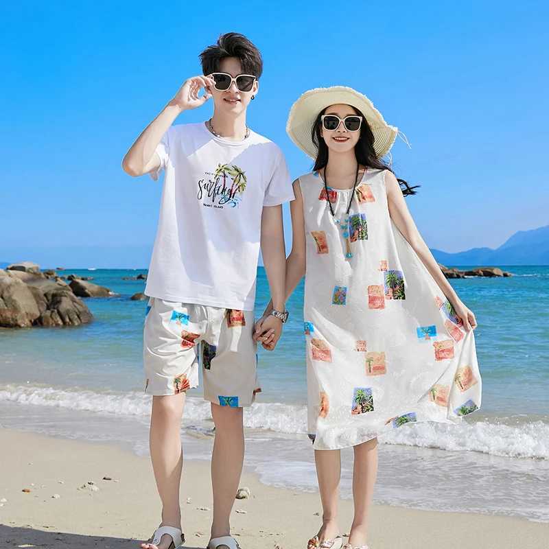 Summer Beach Family Matching Outfits Mother Daughter Seaside Dresses Dad Son Cotton T-shirt+Shorts Couple Clothes Holiday Seaside W250207