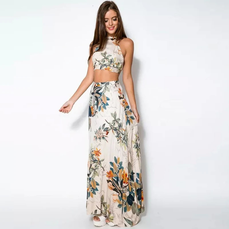 Womens Sexy Printed Long Skirt Womens Printed Strap Hanging Neck Strapless Half Body Floor Mopping Long Skirt Two-Piece Set 250206
