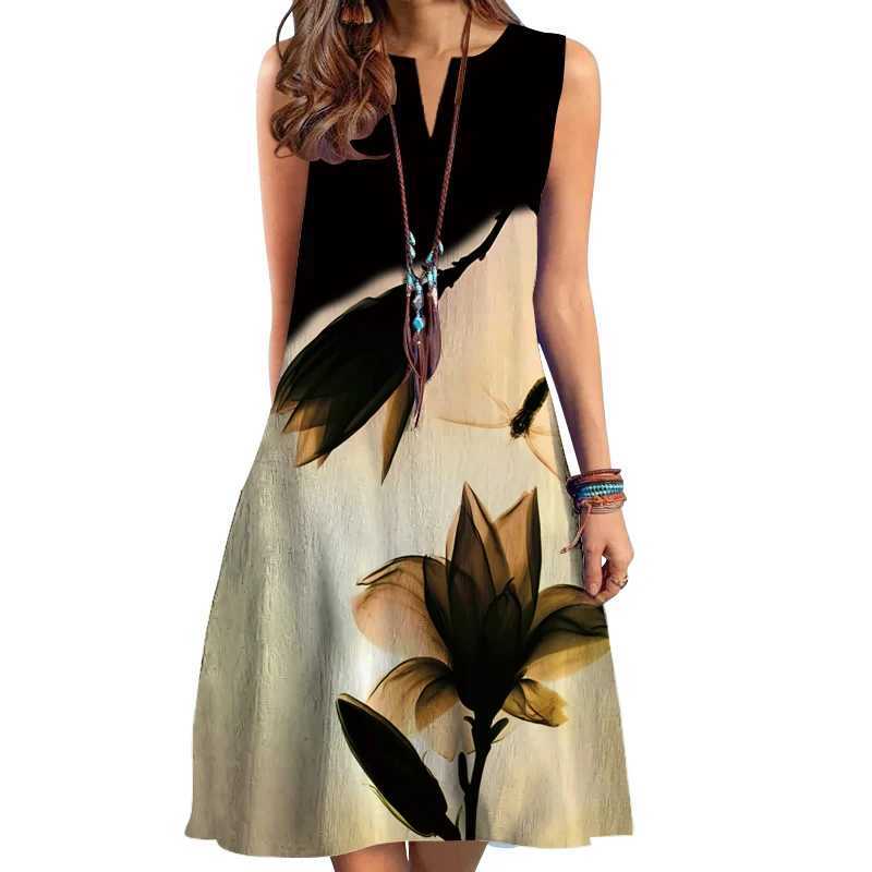 2024 European and American Cross-border WOMENS Clothing New Dress V-neck Sveless Sexy Printed Large Hem Medium Length DressXJ2500207