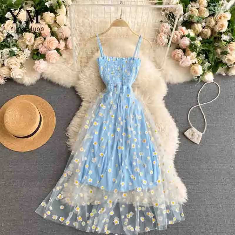 Yuoooo Korean Fashion Daisy Flower Print Mesh Party Dress Summer Two Layers Spaghetti Strap Vacation Midi Dress Beach VestidosXJ2500207