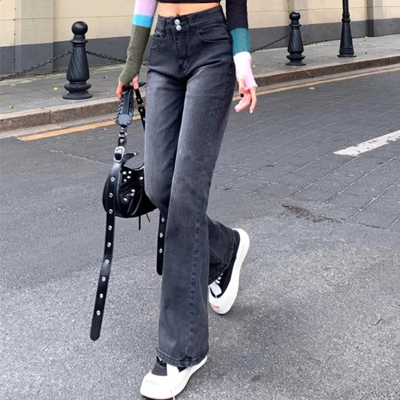 Woman High Waist American Vintage Bell Bottom Jeans Female Elastic Flare Pants Girls Fashion Streetwear Gray Denim Trousers 250206
