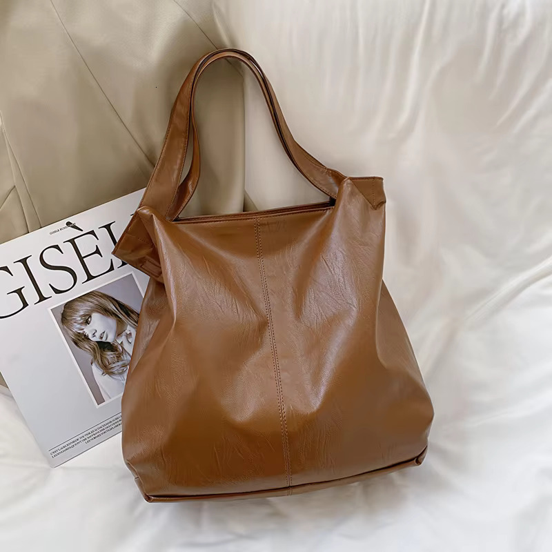 Fashion Big Leather Tote For Women Tend Females Simple Large High Capacity Retro Shoulder Side Bag Handbags PU Casual