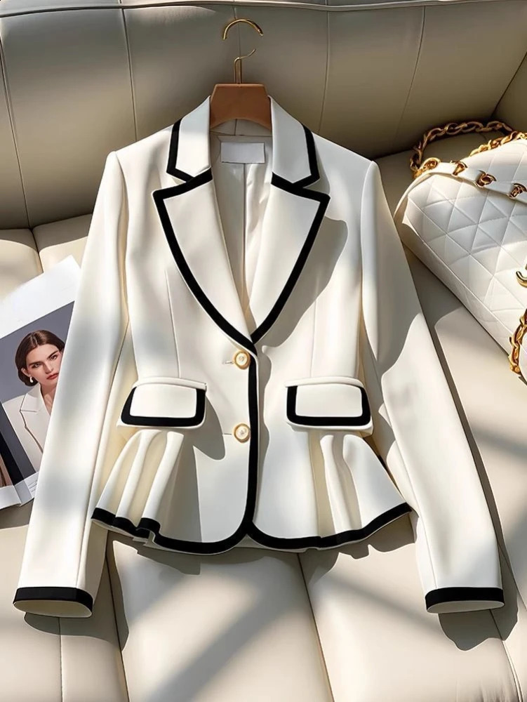 French Elegant Blazers Notched Collar Long Sleeve Ruffles Contrast Color Coats Spring Autumn Female Slim n Womens Clothing 250120