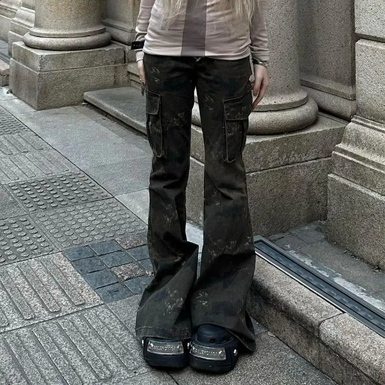 Vintage Camouflage Flare Jeans Grunge Women Low Rise Y2K Tie Dye Denim Pants 2000s Aesthetic Punk Harajuku Trousers Pantalones 250206