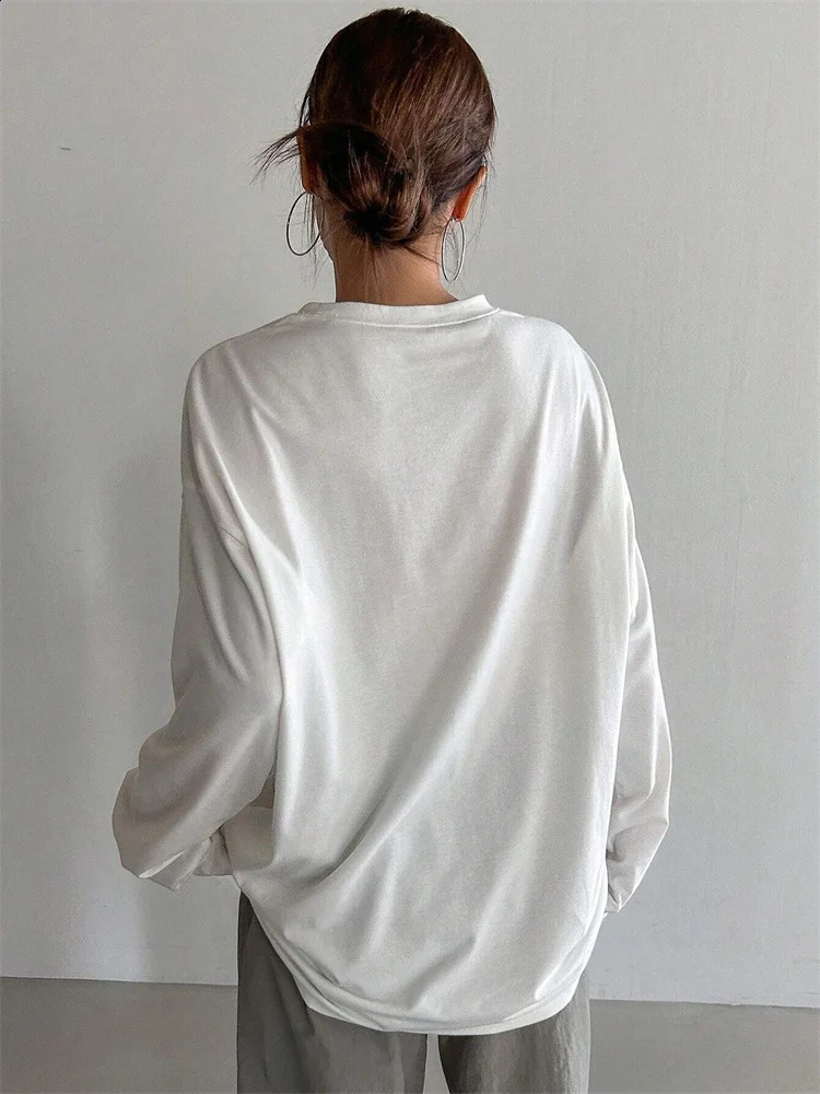 Women Basic Long Sleeve Loose Oneck Tshirt Autumn Winter Solid Color Tee Top Streetwear 250114Z