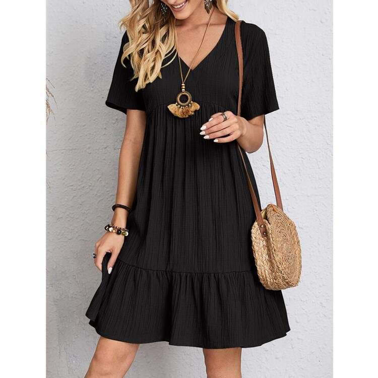 European American women's hot item summer loose casual short sleeved waist wing dress 2024 new style chic and elegant clothing