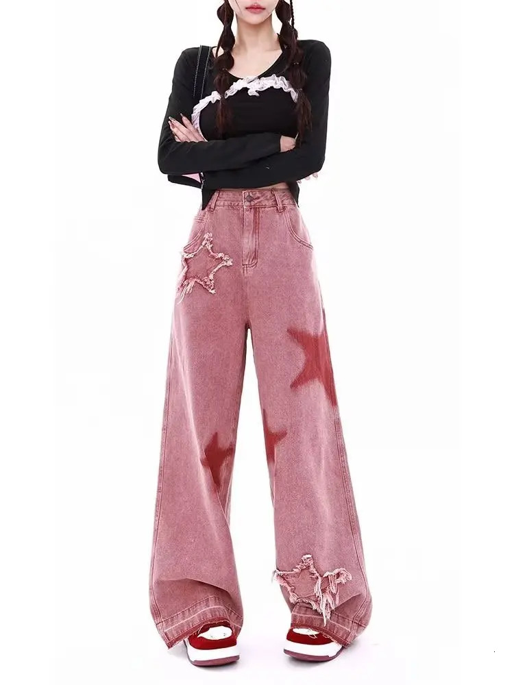 American Retro Jeans Fivepoint Star Raw Edge Splicing Loose Wideleg Jean Look Thin Trendy Allmatch Mopping Pant 250121