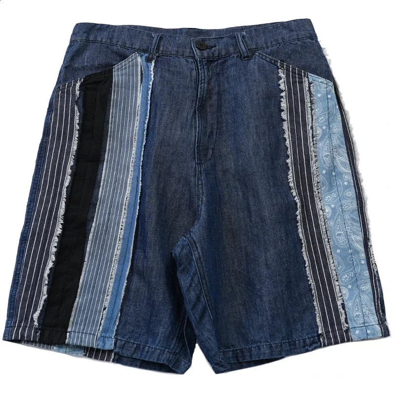 Japanese Retro Personalized Handmade Ethnic Style Patch Patchwork Summer Mens Thin Denim Shorts 250120