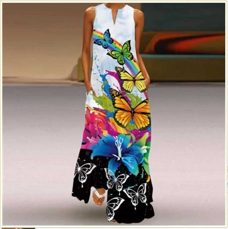 Womens Clothing 2024 Spring Summer Ele V-neck Butterfly Print Long Dress Women Beach Sexy Sveless Tank Maxi Party DressXJ2500207