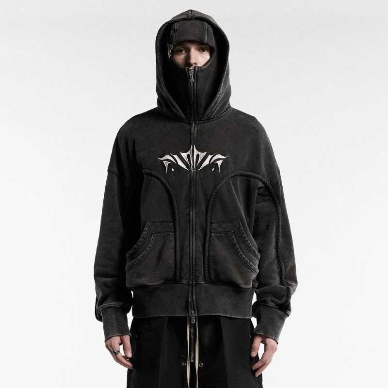 Y2K Phantom Hoodie Zipper Balaclava Double Hat Embroidery Streetwear Gothic Distressed Heavyweight Unisex Oversize Sweatshirt W250207