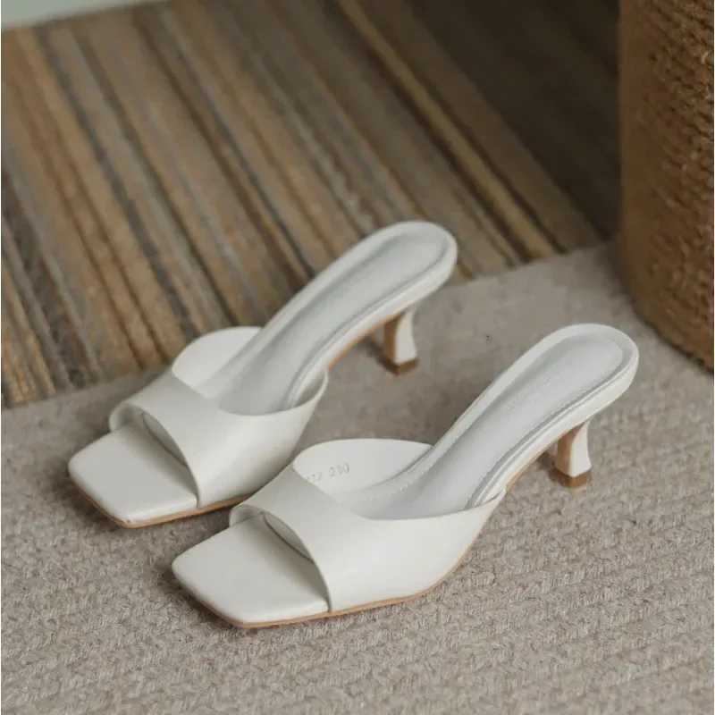 Genuine Leather French Slim Heel Slippers for Womens Summer New Fiable Sandals Women Sweet Round Toe Slipper Ladies ShoesXJ250207