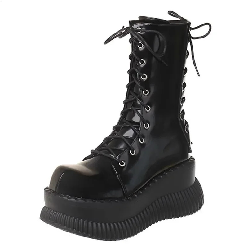 8cm Black Glossy Straps Punk Style Boots for Women Autumn and Winter Thicksoled Heightening Platform Midcalf Knight 250117
