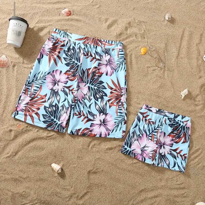 2024 New Mom Daughter Swimwear Floral Pattern Ruffle One-Piece Swimsuit Dad Son Swim Shorts Family Matching Outfits Beach Wear W250207