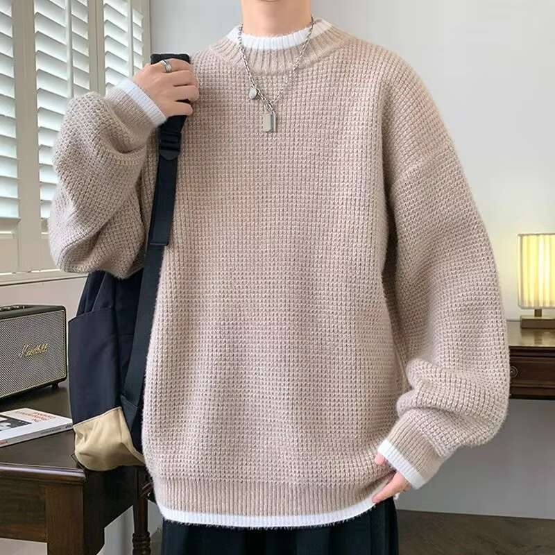 Autumn Winter New Fashion Round Neck Long Sleeve Solid Color Fake Two Pieces Pullovers Men's Clothing Trend Knitting Chic Tops