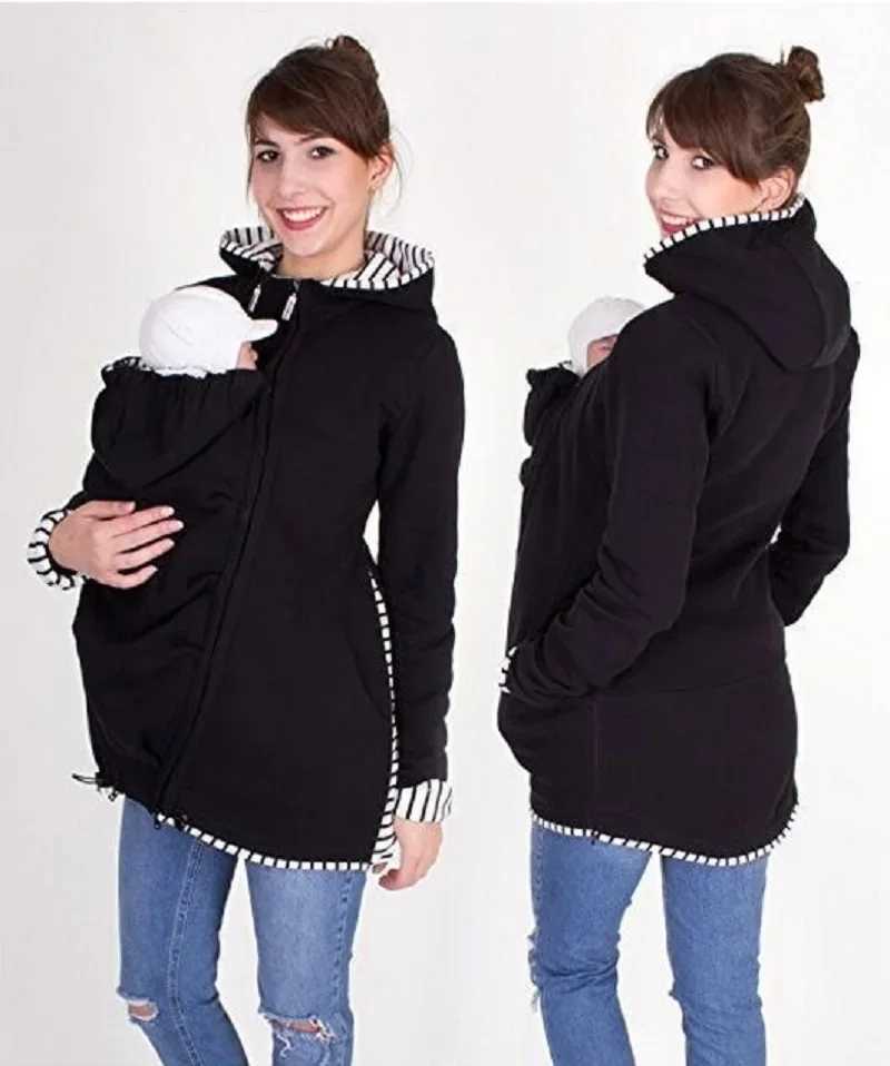 Womens Maternity Kangaroo Baby Carrier Sweatshirt Outwear Zipper Up 3 in 1 Hooded Coat Jacket for Baby and Mother Warm W250207