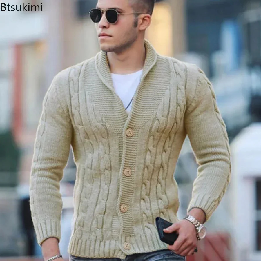 Autumn Winter Mens Warm Knitted Sweater Solid Single-breasted Twisted Texture Cardigan Lapel Slim Buttoned Thick Sweater Male 250206