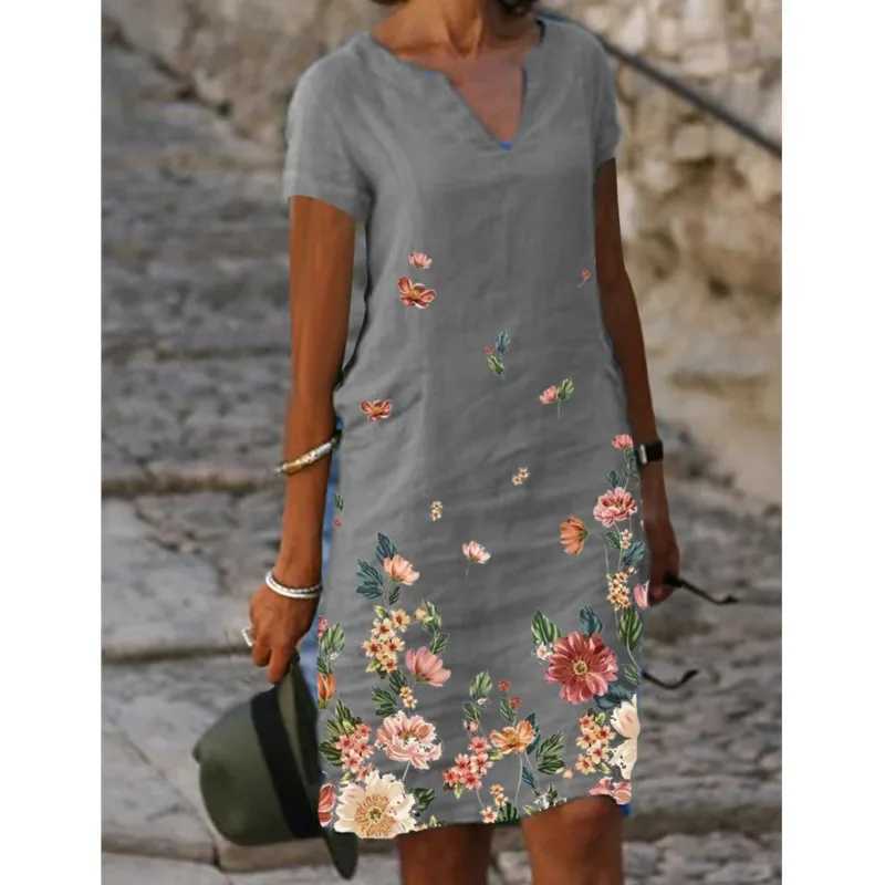 Casual Loose Print Vintage Summer Women Printed Cotton Short Sved V-neck Sexy Midi Dresses Ele Vestido Feminino S-5xlXJ2500207