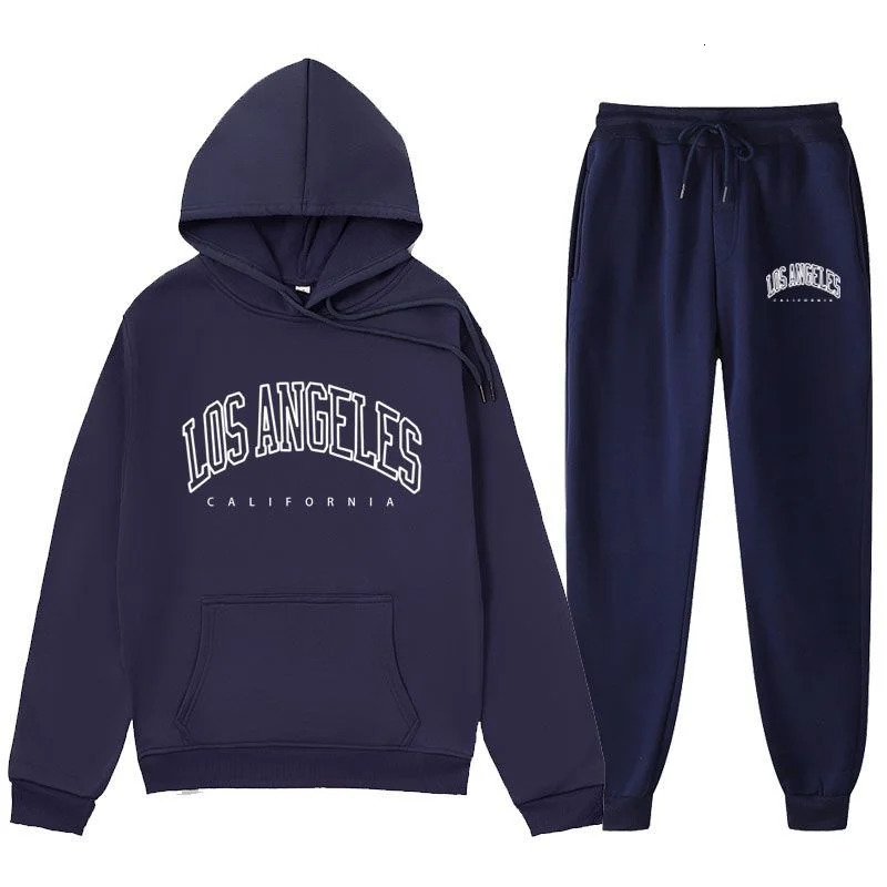 2024 LOS Los Angeles Letter Printed Same Color And Pants Set For Mens AutumnWinter With Velvet Hoodie 250207