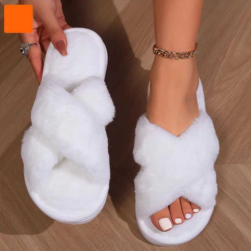 Cross opening spring and autumn home anti slip flat bottomed couple style fiable and simple open toed hairy slippersXJ250207