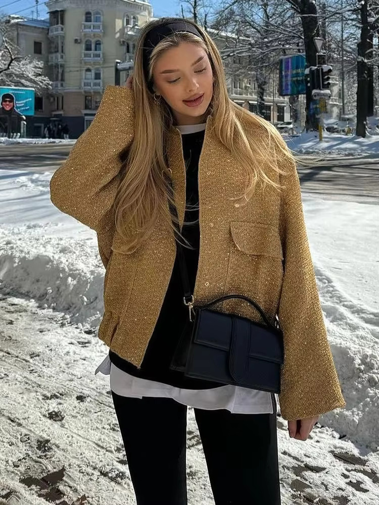 Fashion Gold Sequins Bomber Jacket For Women 2025 Chic Stand Collar Long Sleeve Coat Female Winter Autumn Lady Street Outerwear