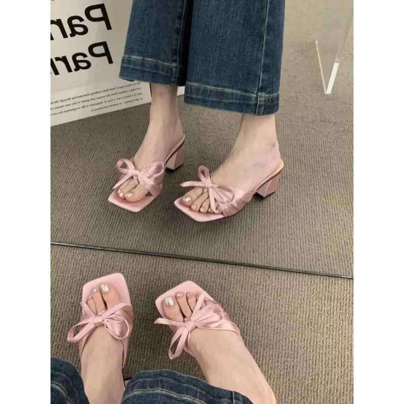 Bow Chunky Summer Shoes 2024 New Sexy High Heels Women Slippers Sandals Designer Flip Flops Open Toe Party Pumps SlidesXJ250207