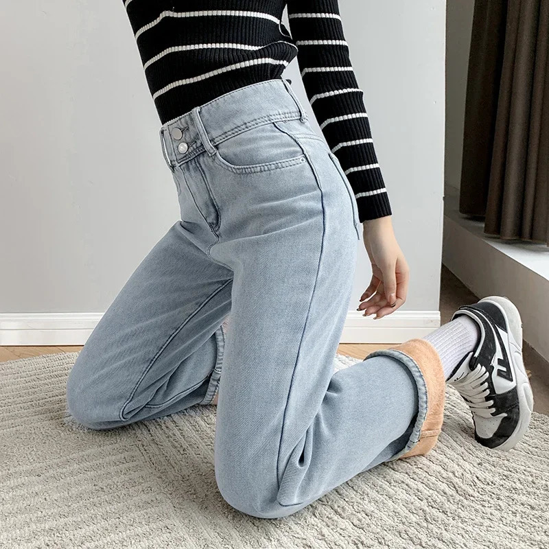 Winter Warm Fleece Wide Leg Jean Vintage Baggy High Waist Denim Pants Loose Straight Mom Pantalones De Mujer 250121