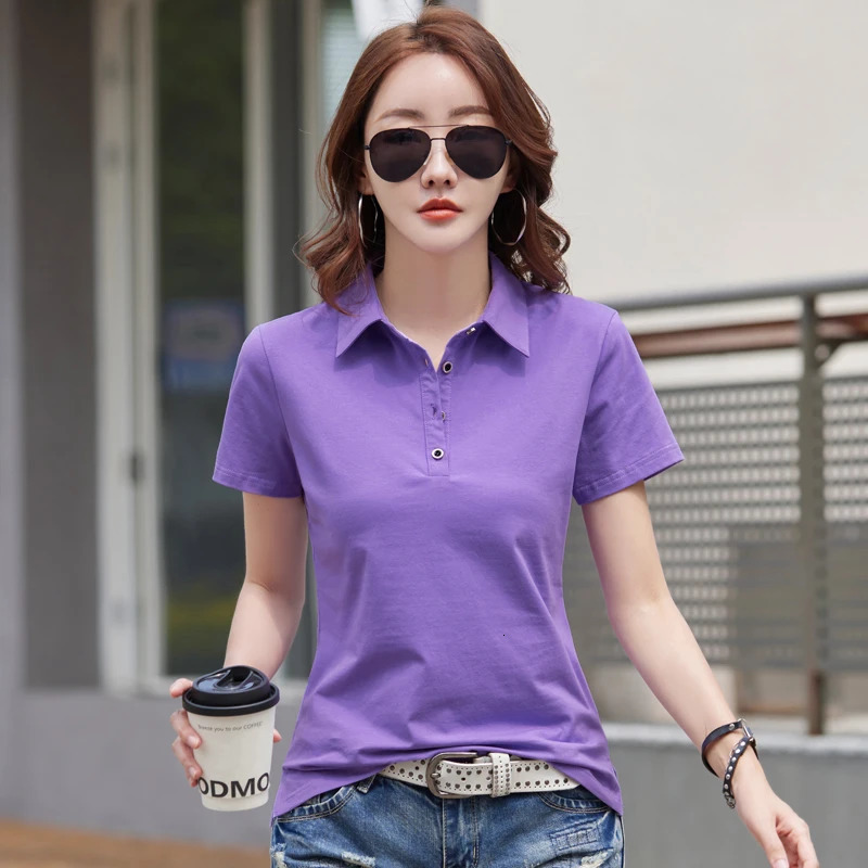 Summer In Polo Shirt Short Sleeve Cotton Plus Size Basic T- Shirt Women Button Casual Office Lady Formal Women Tops 2024 250207